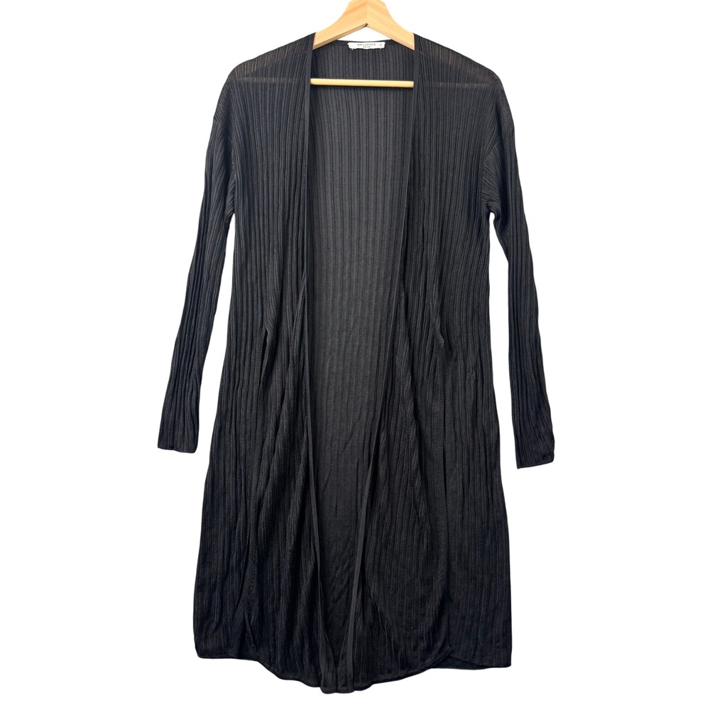 MM.LaFleur Black Ribbed Longline Open Front Cardigan Duster Sheer Size M